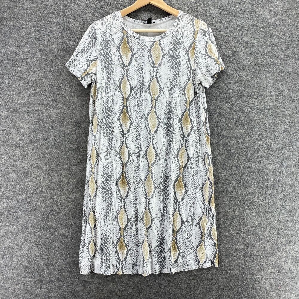 Express Dress Women S Small White Animal Print Midi Crew Neck Short Sleeve